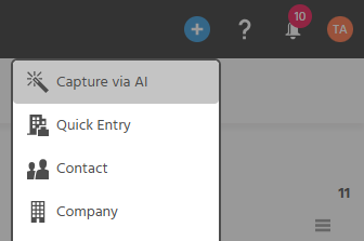 Global Bar in ADITO xRM with the Quick Entry menu open and the "Capture via AI" action highlighted