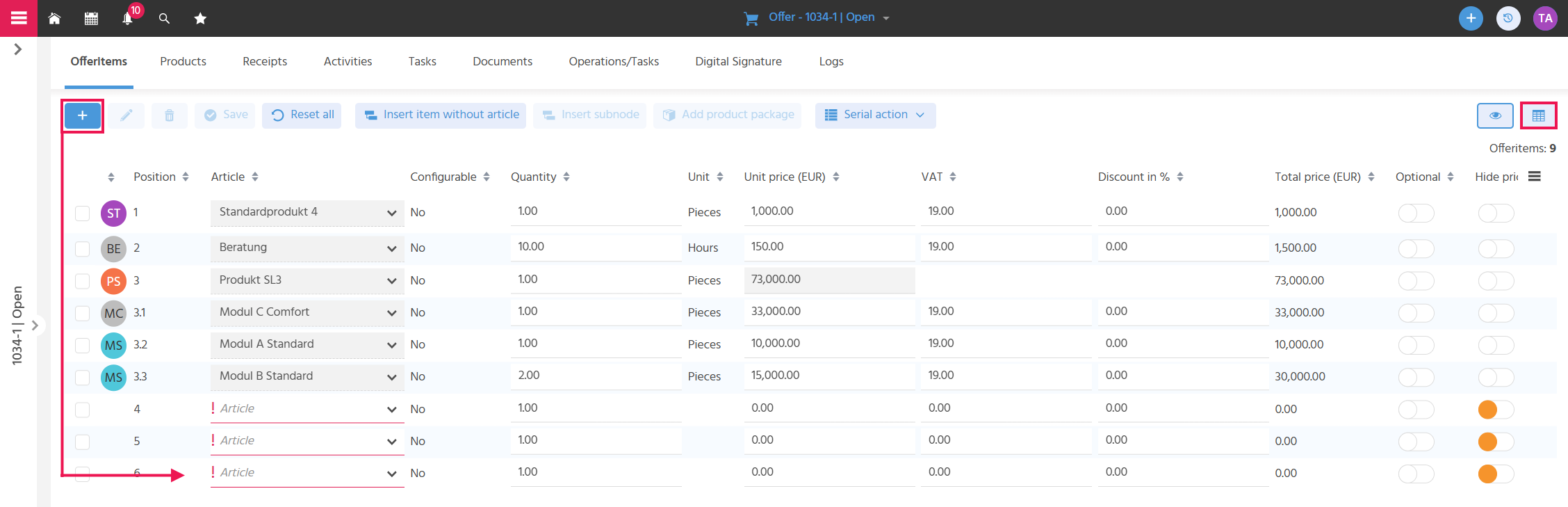 The "Offer Items" tab of an offer is displayed in the multiedit view. Offer items already exist in the offer. At the end of the offer, three empty rows are displayed, in each of which a product still has to be selected and details adjusted as required.