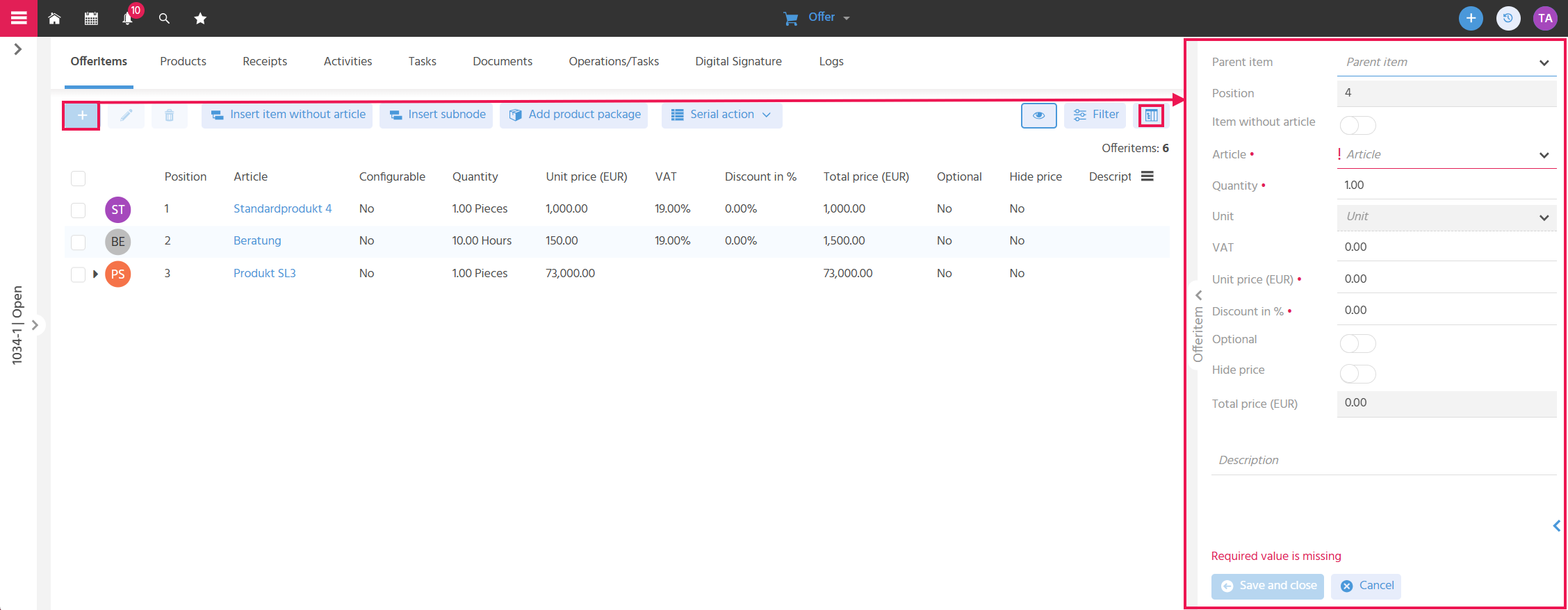 The "Offer Items" tab of an offer is displayed in the treetable view. The SmallEdit for adding an offer item is displayed on the right.