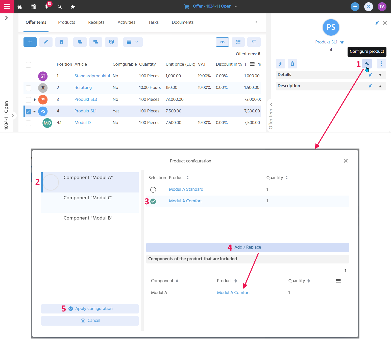 A screenshot of the "Product Configuration" overlay is shown, illustrating the procedure for product configuration.
