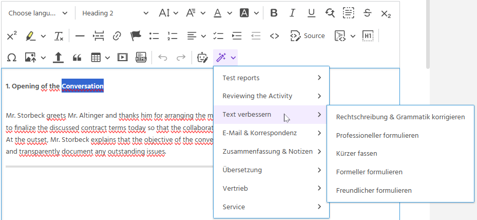 List of the active default prompts and custom prompts in the editor