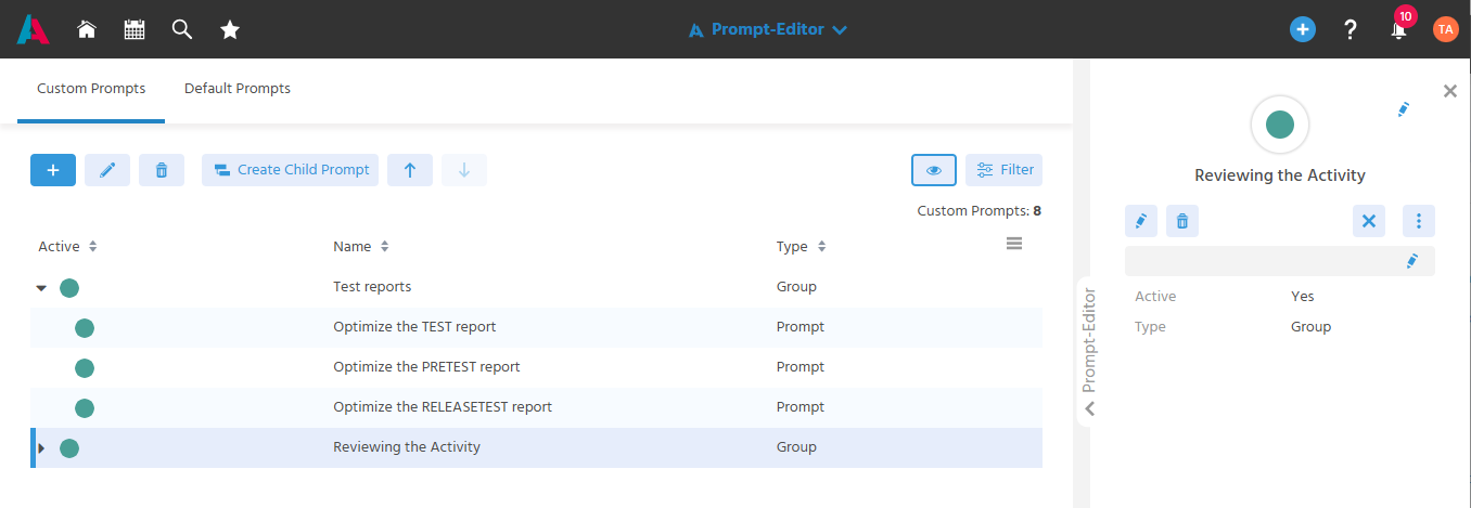 Filter view of the Prompt-Editor with custom groups and prompts