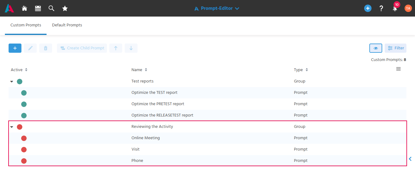 Group set to inactive with the inactive prompts it contains