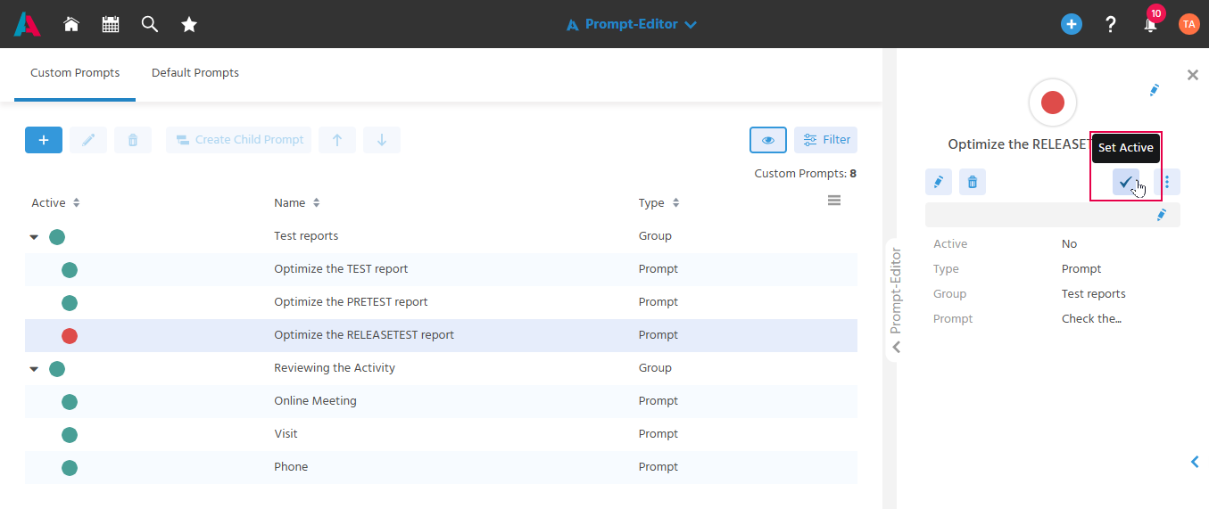 Action "Set Active" for a prompt in the preview