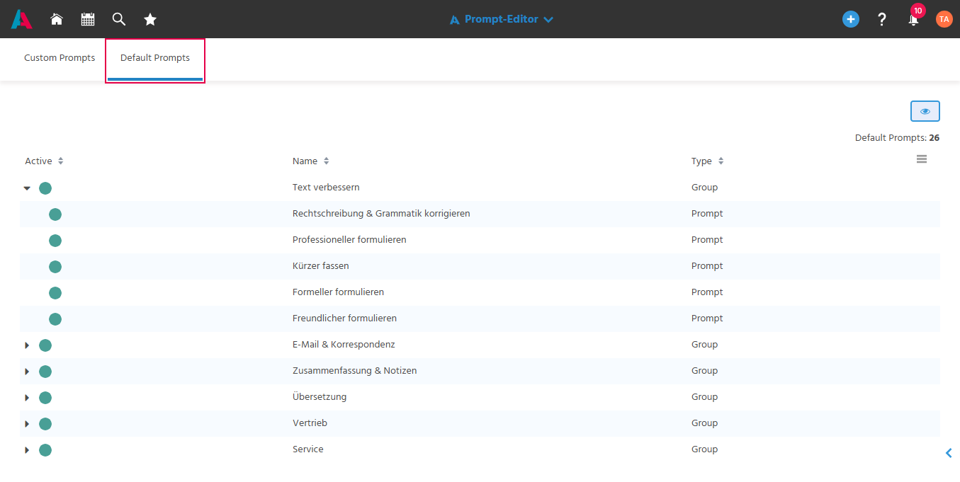 Tab "Default Prompts" in the Prompt-Editor with the available default prompts