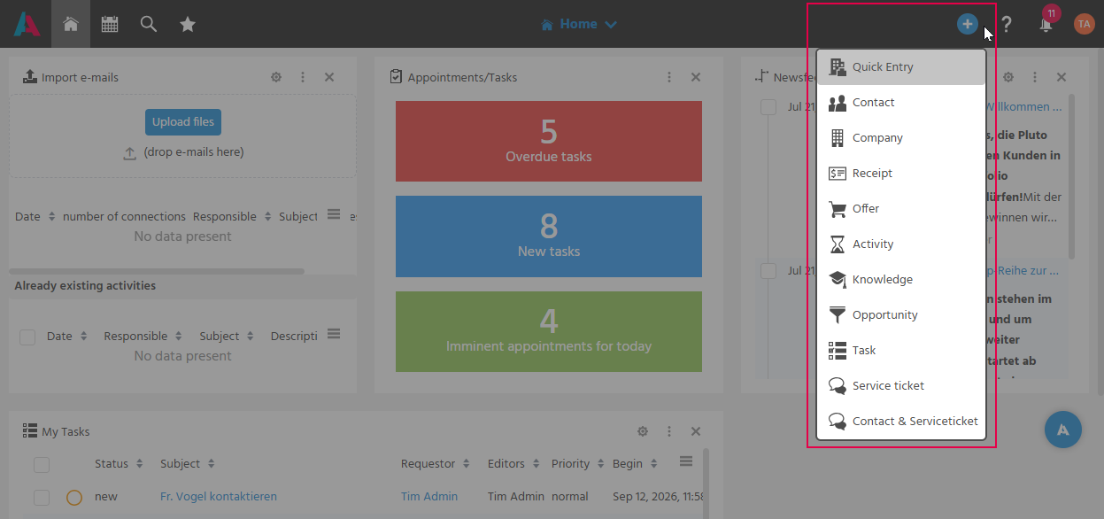 Quick Entry menu opened via the plus button, with the list of record types that can be created