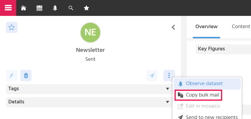 EditView when copying a bulk mail in ADITO xRM with the activated toggle button "Copy Recipients" for carrying over the recipient list