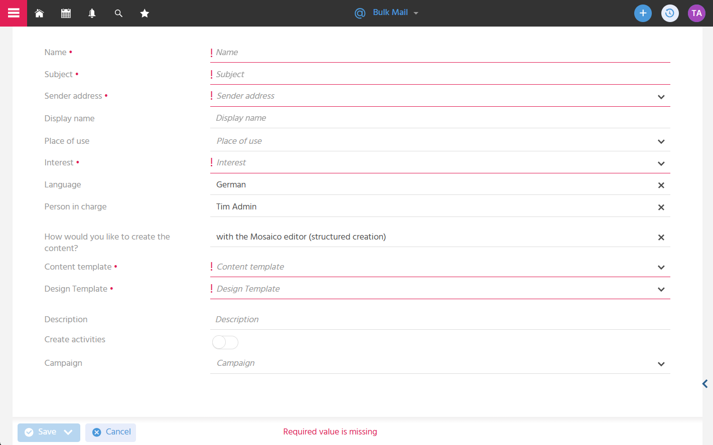 EditView of a new bulk mail in ADITO xRM with input fields for name, subject, sender address, interest, language, and content creation