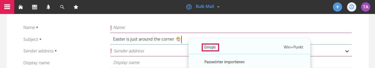 Subject field of a bulk mail in ADITO xRM with an open right-click context menu for inserting emojis into the subject