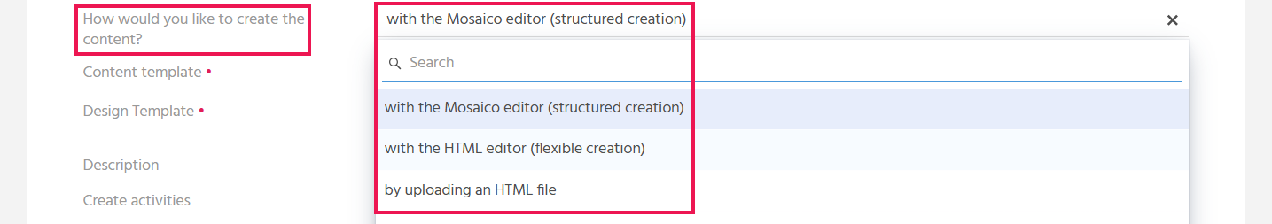 EditView of a bulk mail in ADITO xRM with the open selection field "How would you like to create the content?" and the available creation methods
