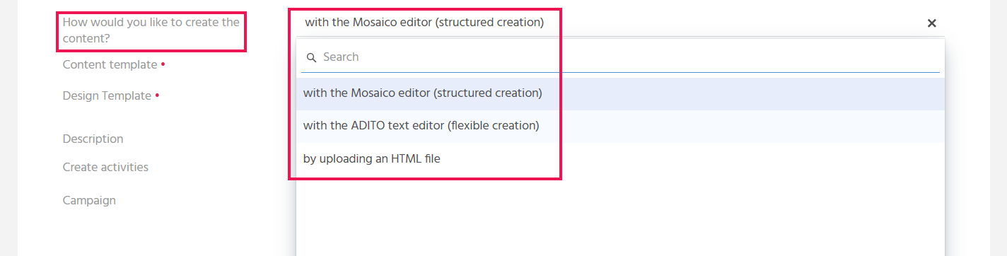 EditView of a bulk mail in ADITO xRM with the open selection field "How would you like to create the content?" and the available creation methods