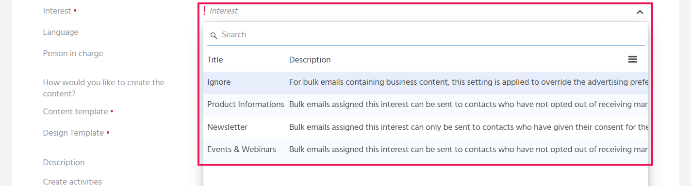 EditView of a bulk mail in ADITO xRM with the highlighted "Interest" field for restricting the recipient group to contacts with the corresponding communication setting