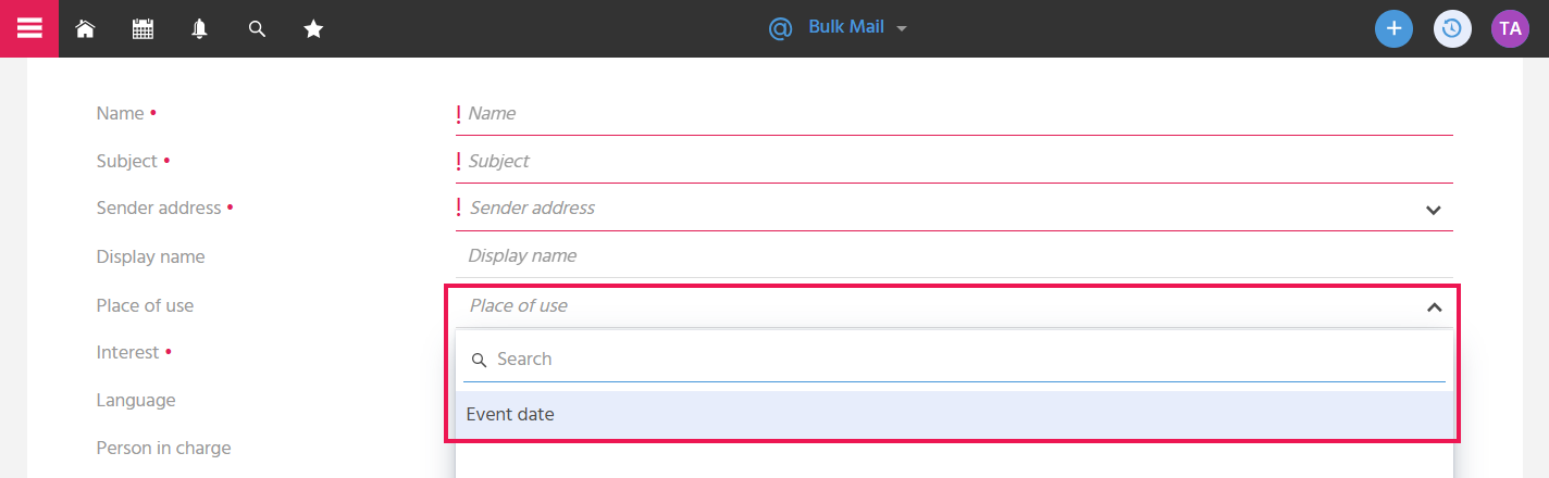 EditView of a bulk mail in ADITO xRM with the highlighted "Usage location" field for selecting whether the bulk mail should be usable in an event date