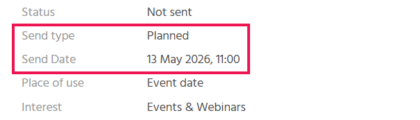 Preview of a bulk mail in ADITO xRM with the selected delivery type "Planned" and the displayed date field for entering the desired send time
