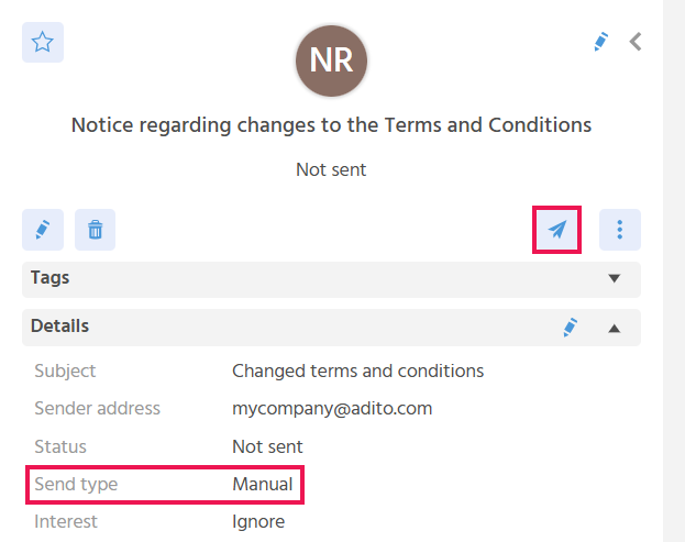 Preview of a bulk mail in ADITO xRM with the selected delivery type "Manual" and the active "Send" button for directly triggering the send
