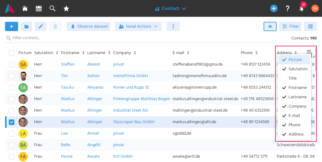 Showing or hiding columns in the FilterView via the burger button