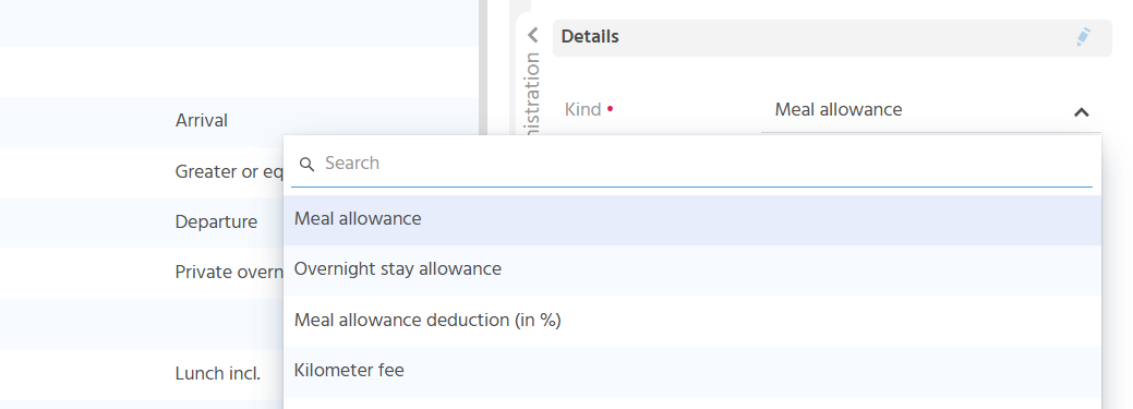 SmallEdit of the expense administration with the fields "Country", "Valid from", and "Valid until"