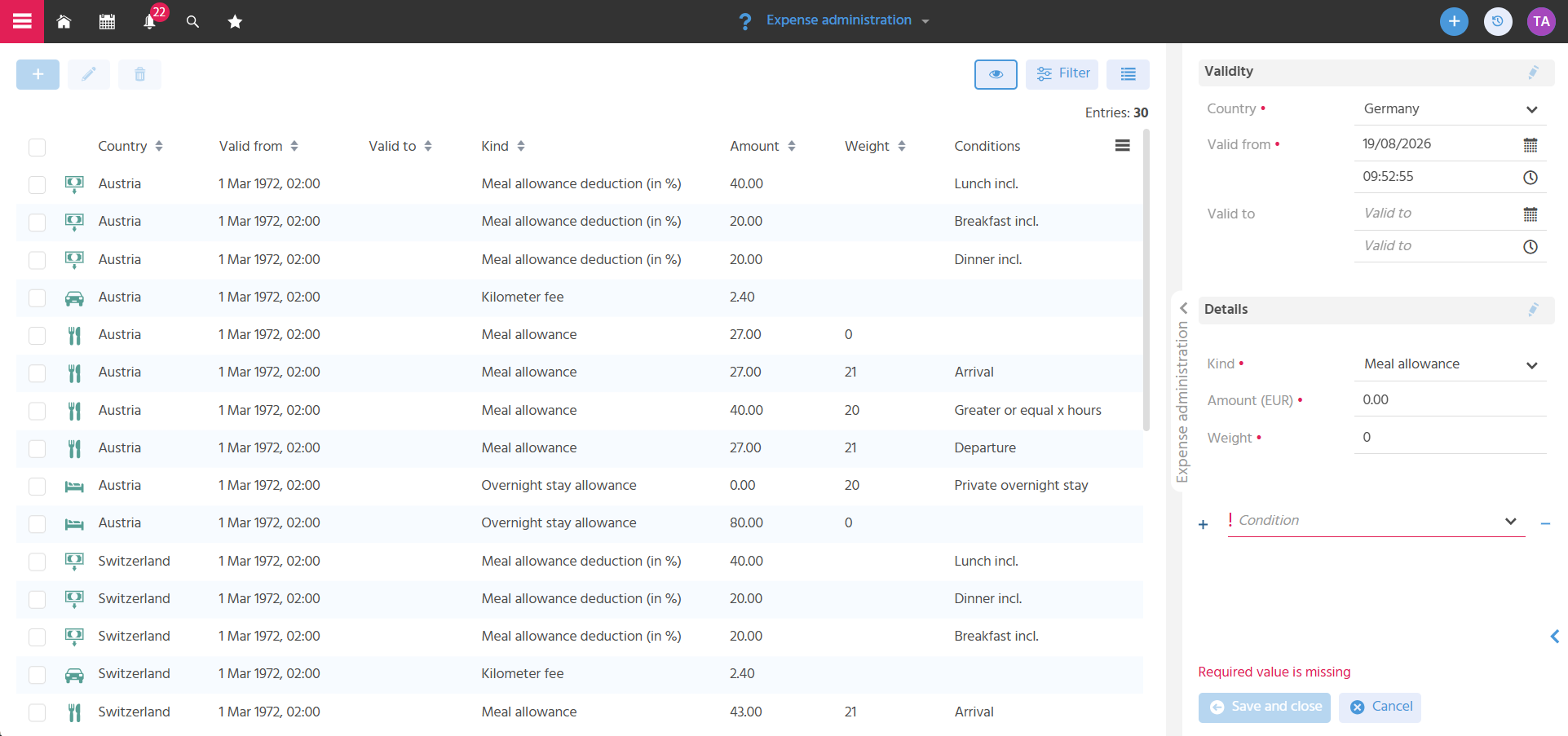 Filter view of the expense administration with the SmallEdit open