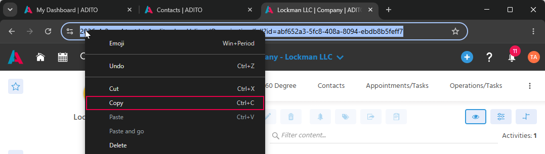Browser address bar with visible ADITO link and context menu with the "Copy" option
