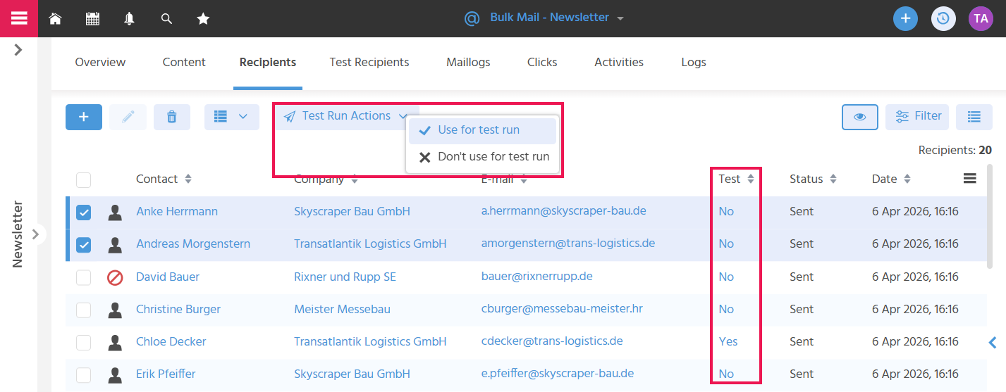 Tab "Recipients" of a bulk mail in ADITO xRM with the open menu "Test Run Actions" and the options "Use for Test Run" and "Don't Use for Test Run"