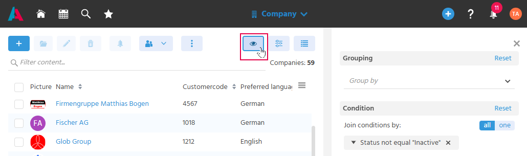 Eye button in the Action bar for toggling the Preview on and off